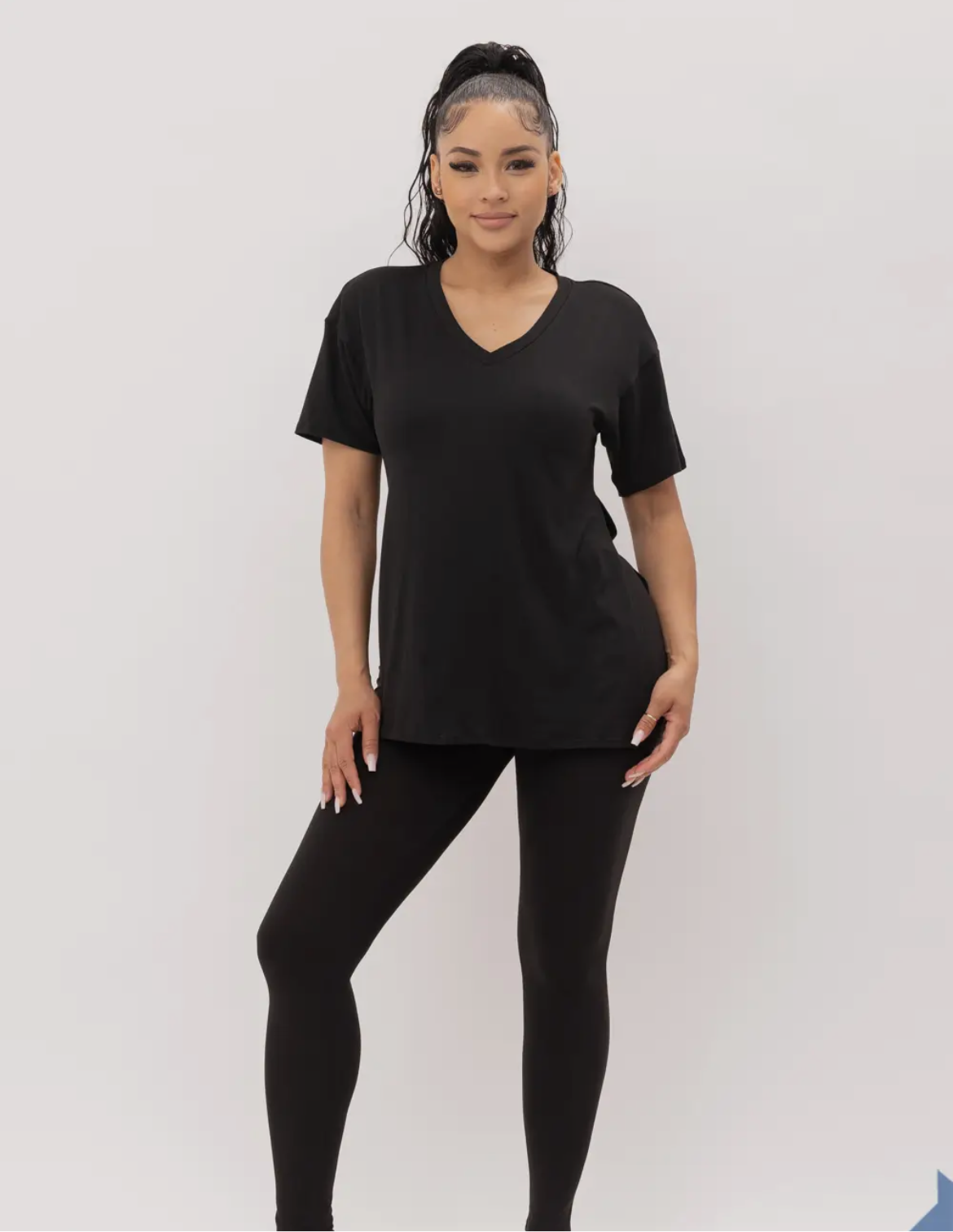 V-Neck Slit Sides Top and Pants Set (Black)