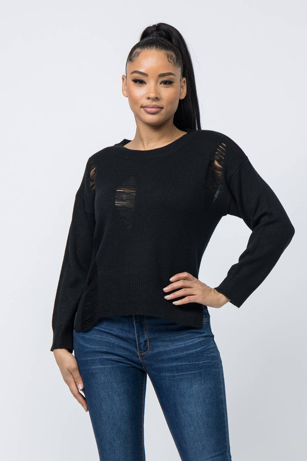 Long Sleeve Crew Neck Distressed Sweater