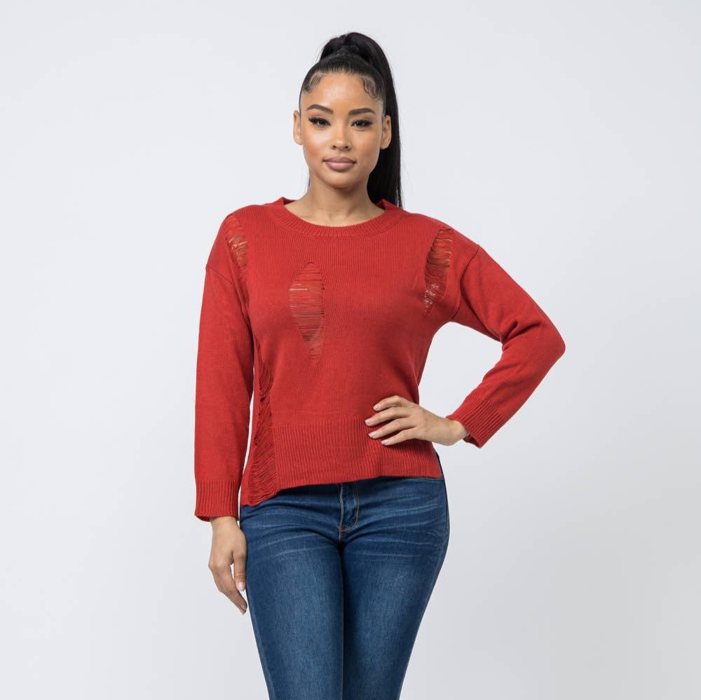 Long Sleeve Crew Neck Distressed Sweater