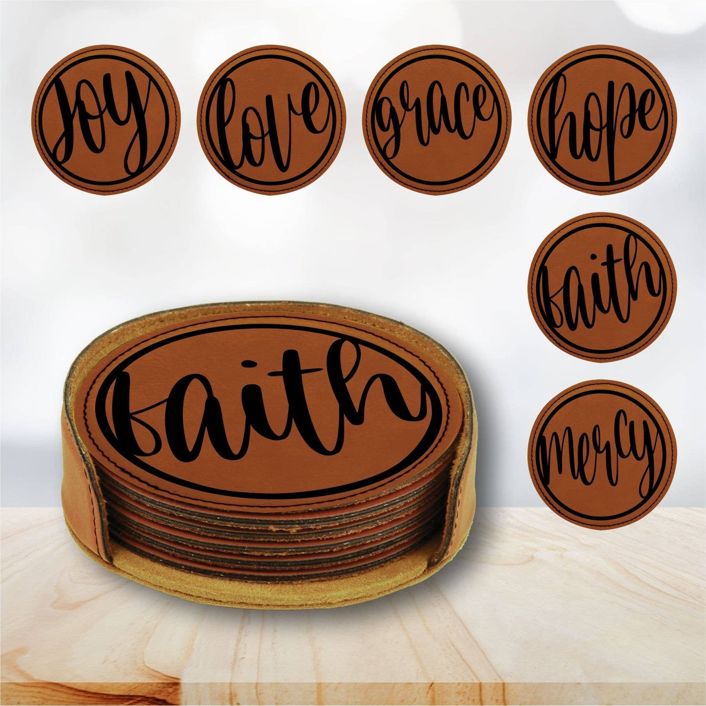 Faux Leather Christian Coaster Set(6) ~ Faith Hope Love...