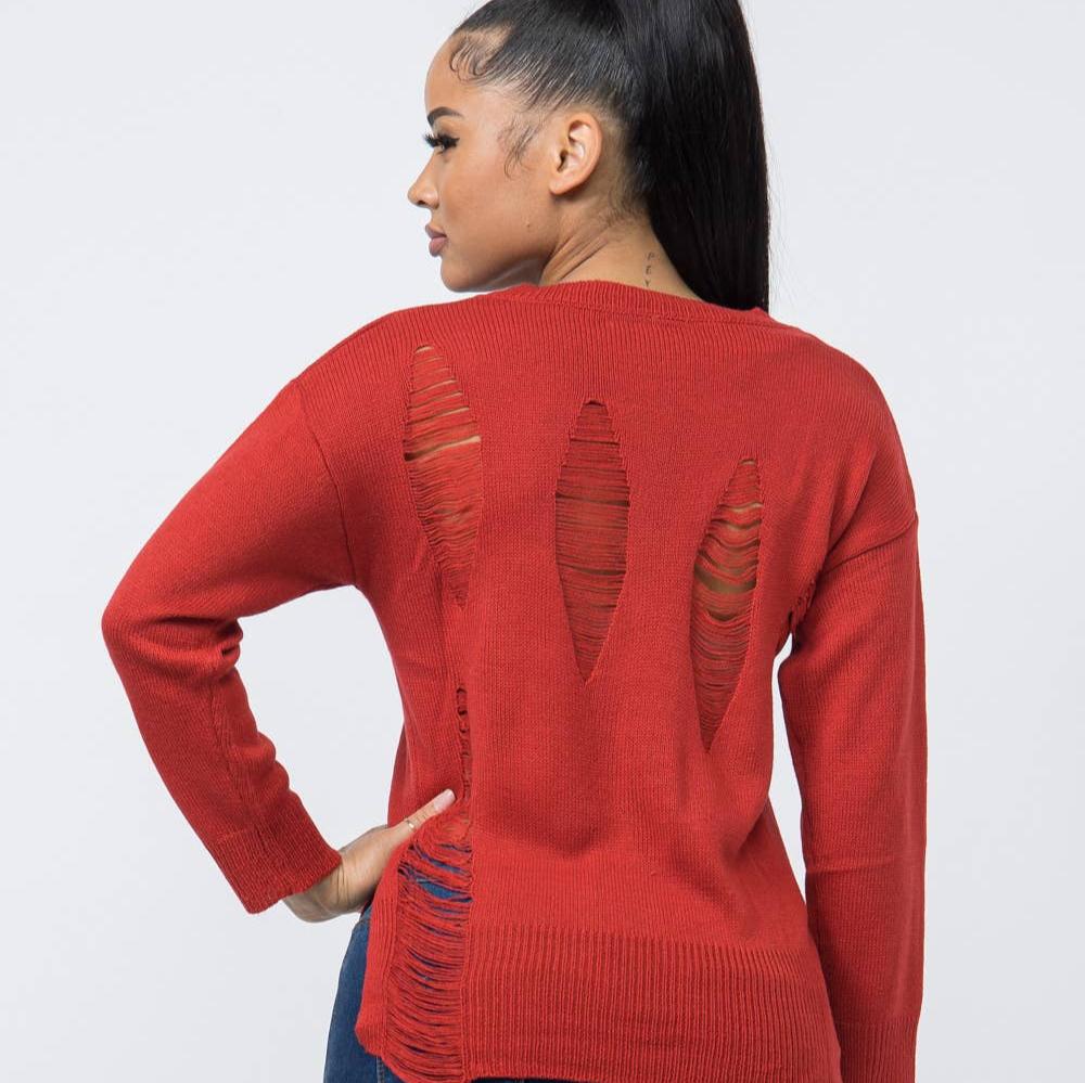 Long Sleeve Crew Neck Distressed Sweater