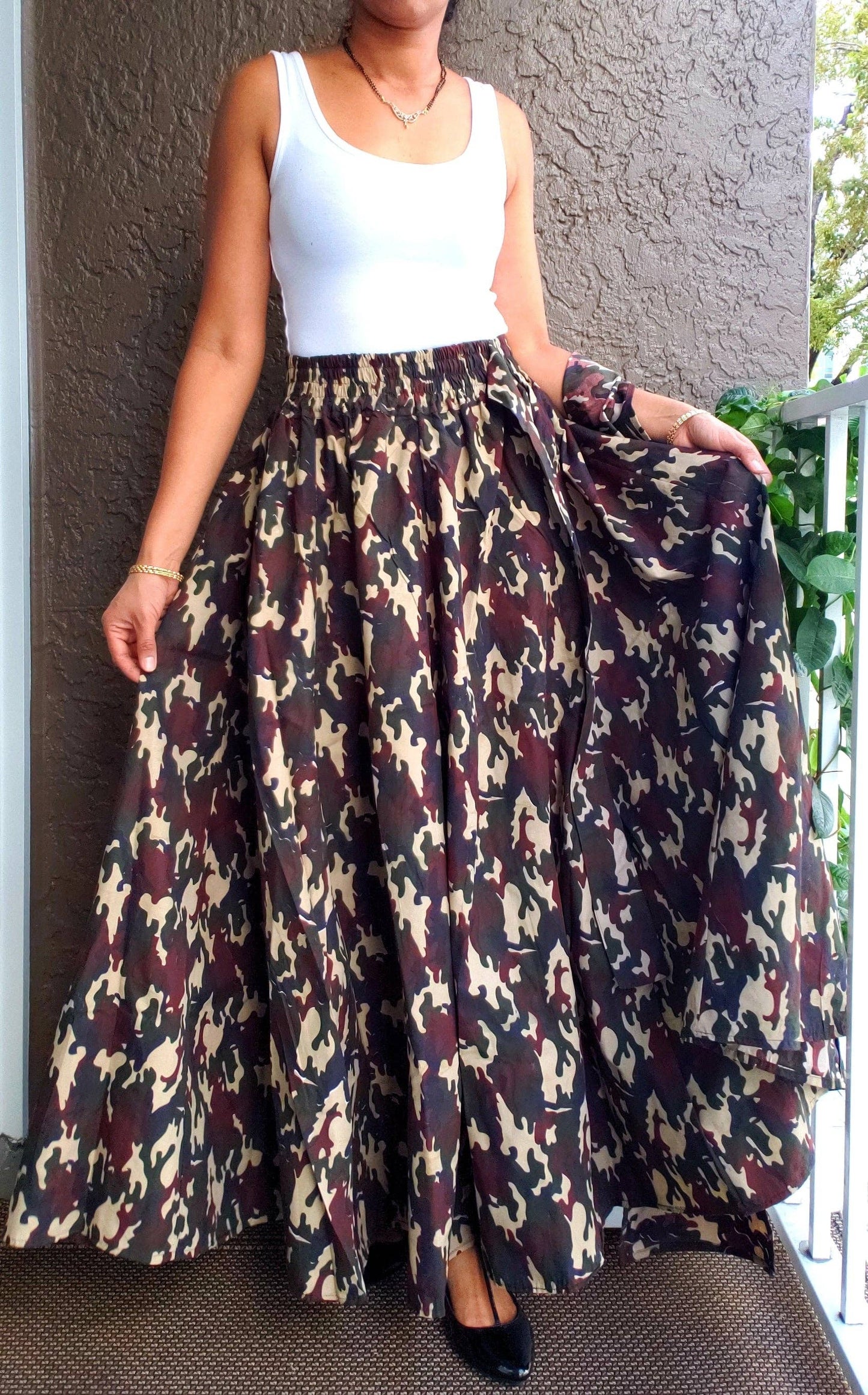 Women Long Maxi Skirt-Brown camouflage