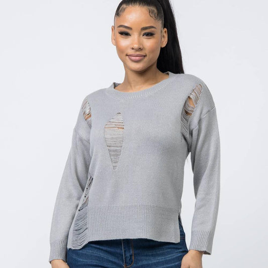 Long Sleeve Crew Neck Distressed Sweater