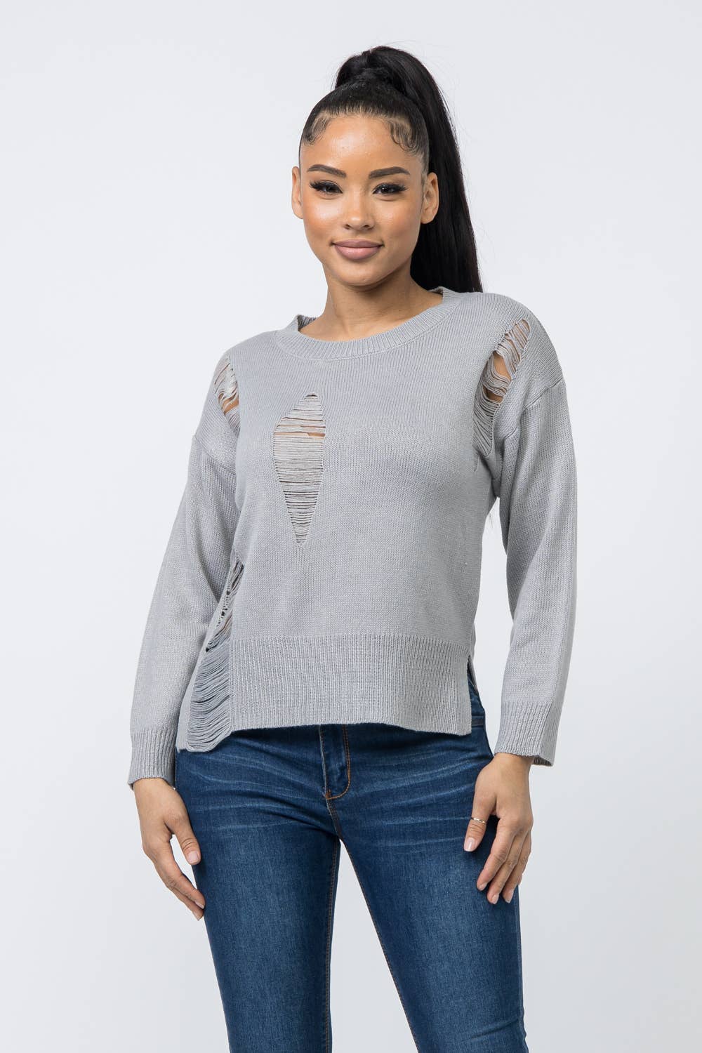 Long Sleeve Crew Neck Distressed Sweater