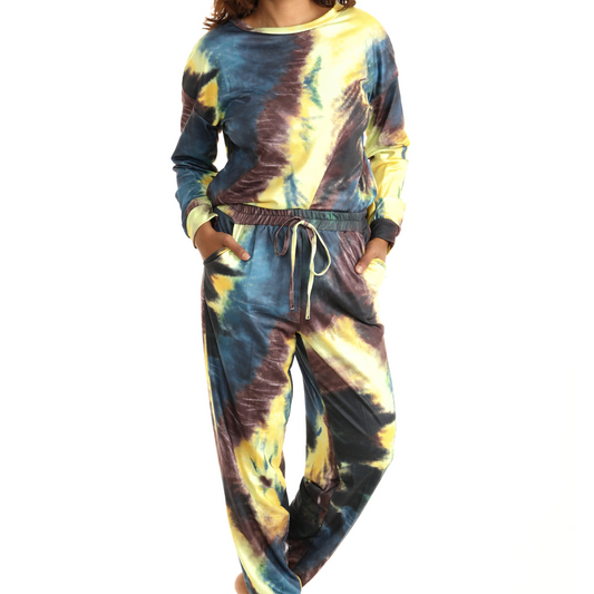 Blue & Gold Tie-Dye Long-Sleeve Crewneck Top & Joggers