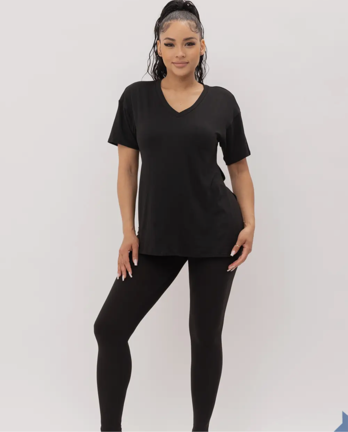 V-Neck Slit Sides Top and Pants Set (Black)