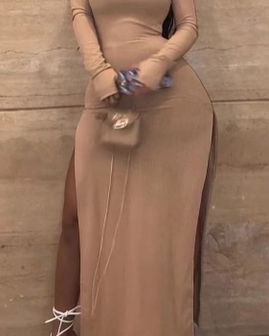 Tan Body Con Long Sleeve Dress