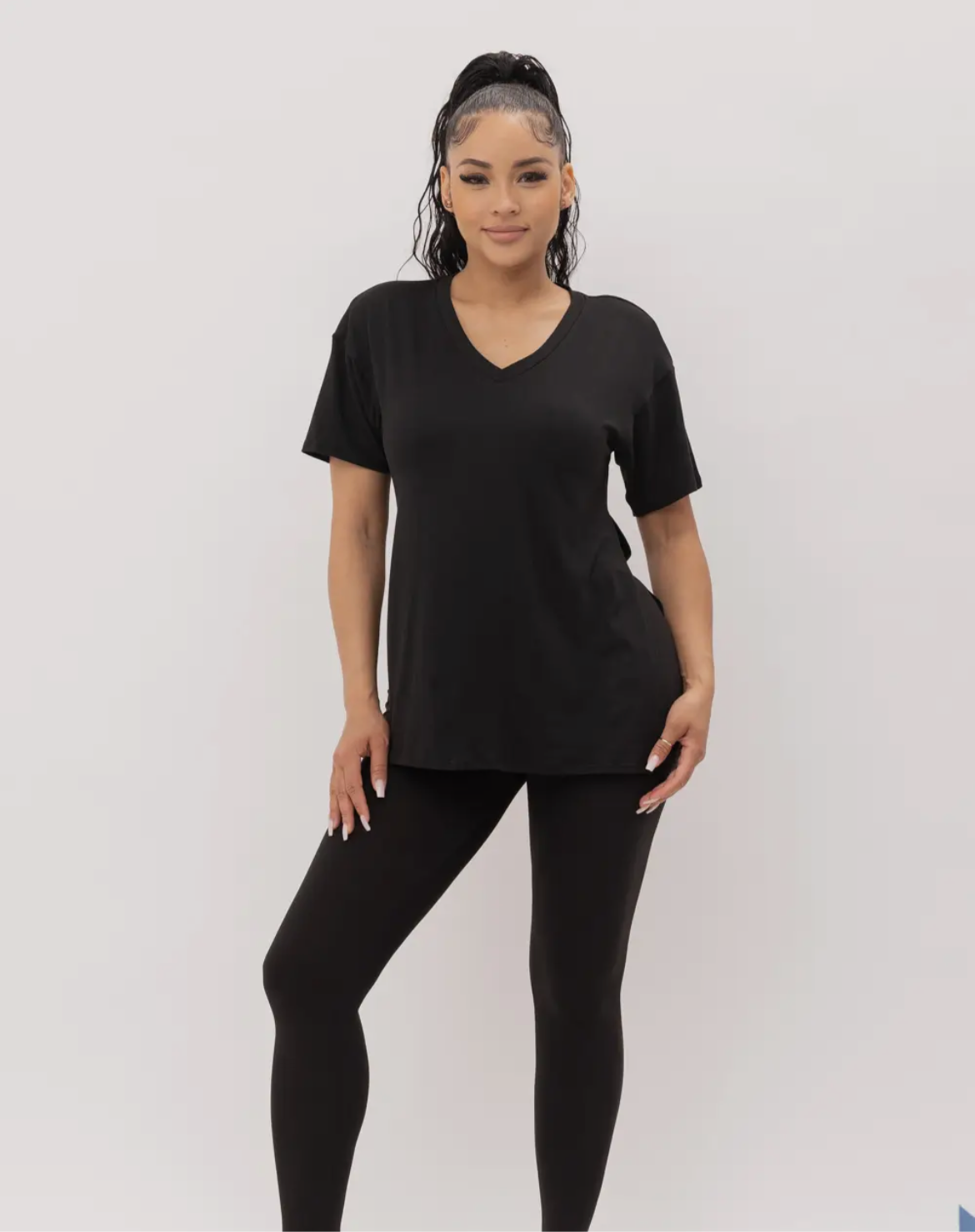 V-Neck Slit Sides Top and Pants Set (Black)