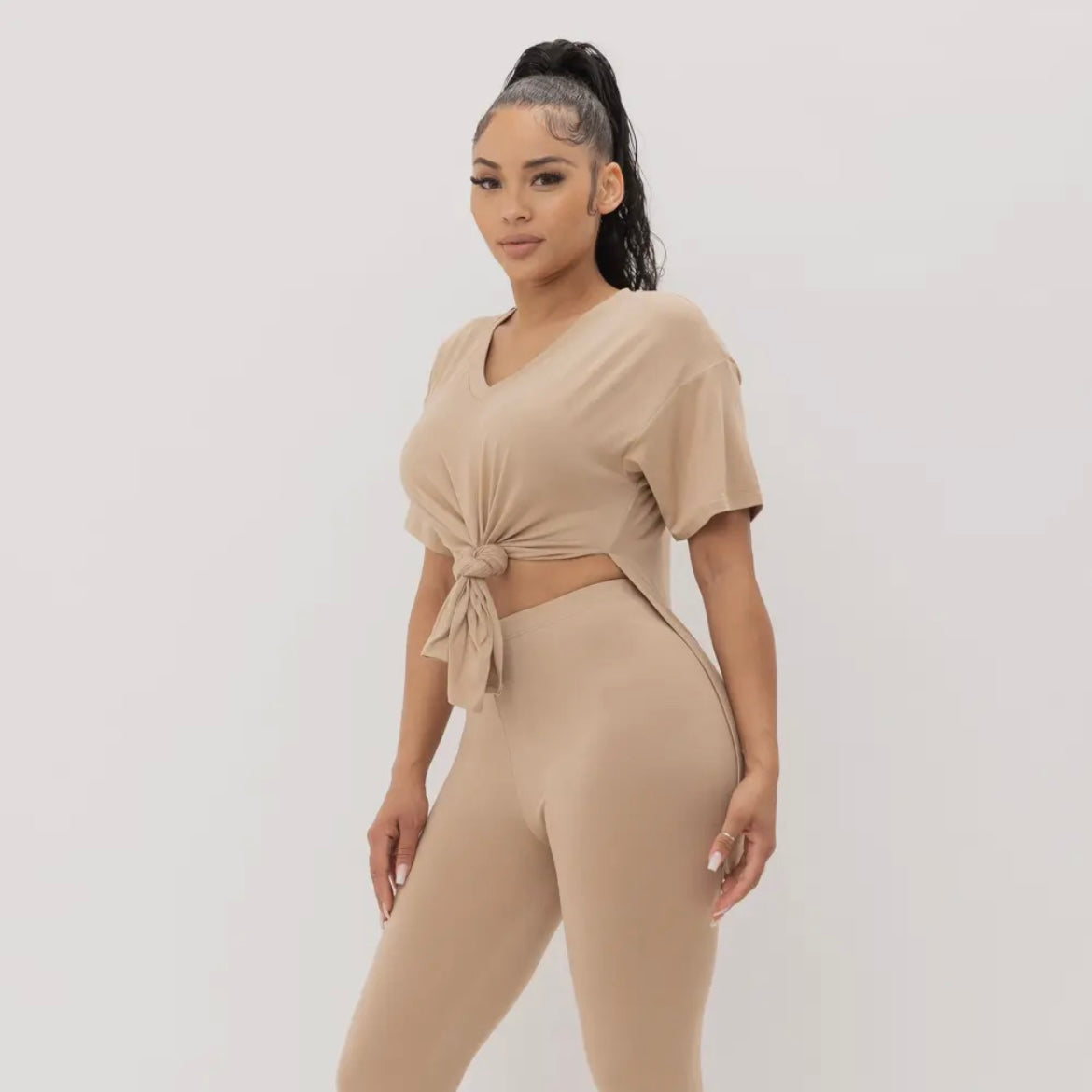 V-Neck Slit Sides Top and Pants Set (Taupe)