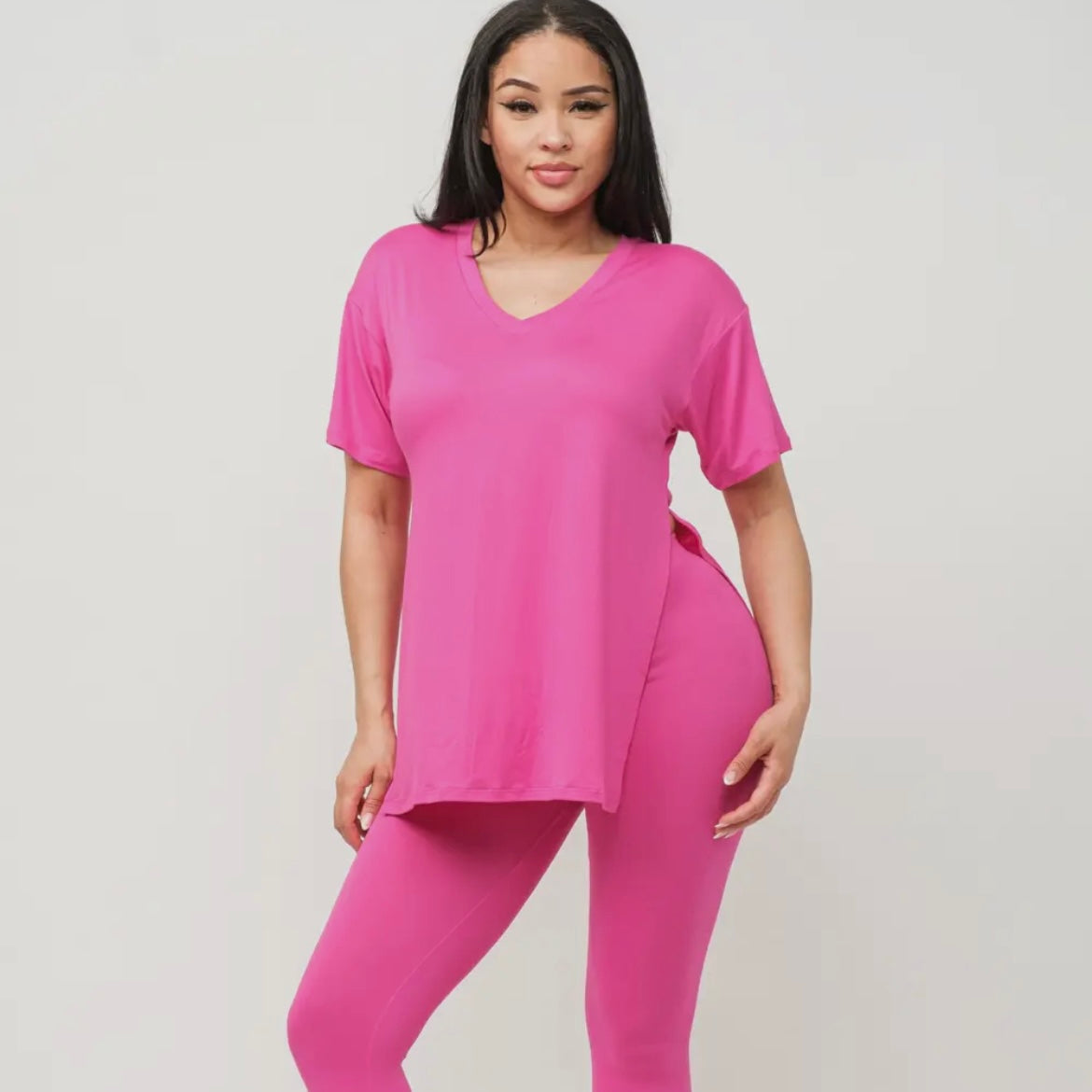 V-Neck Slit Sides Top and Pants Set (Fuchsia)