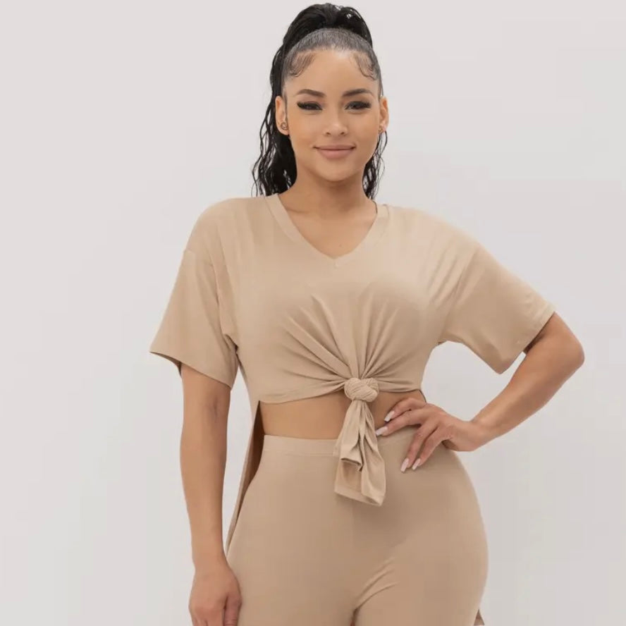 V-Neck Slit Sides Top and Pants Set (Taupe)