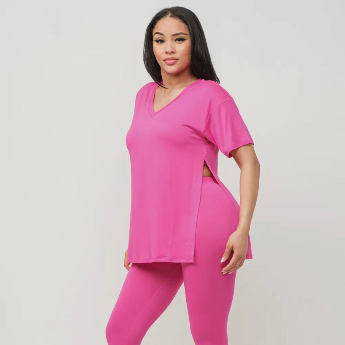 V-Neck Slit Sides Top and Pants Set (Fuchsia)