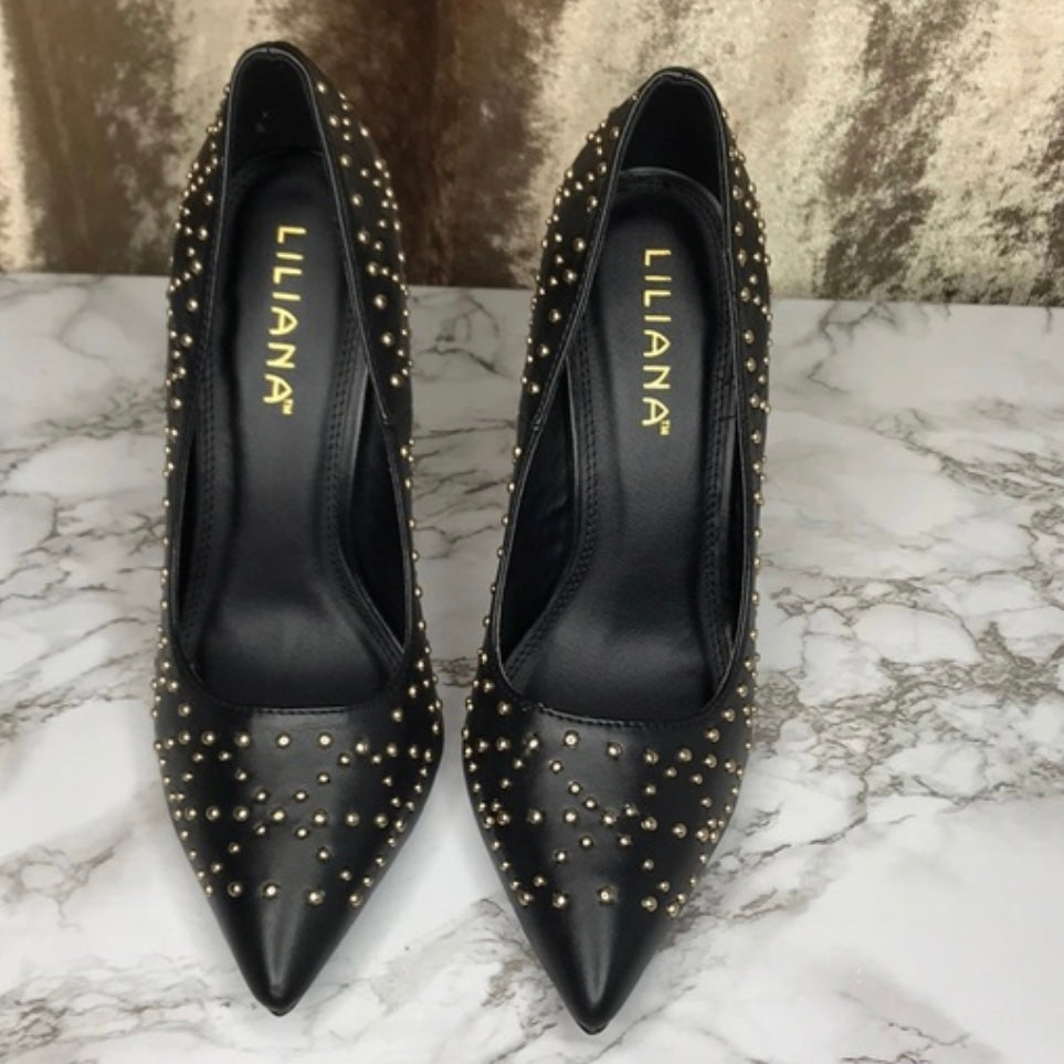 Black pointed toe stud detailed stiletto