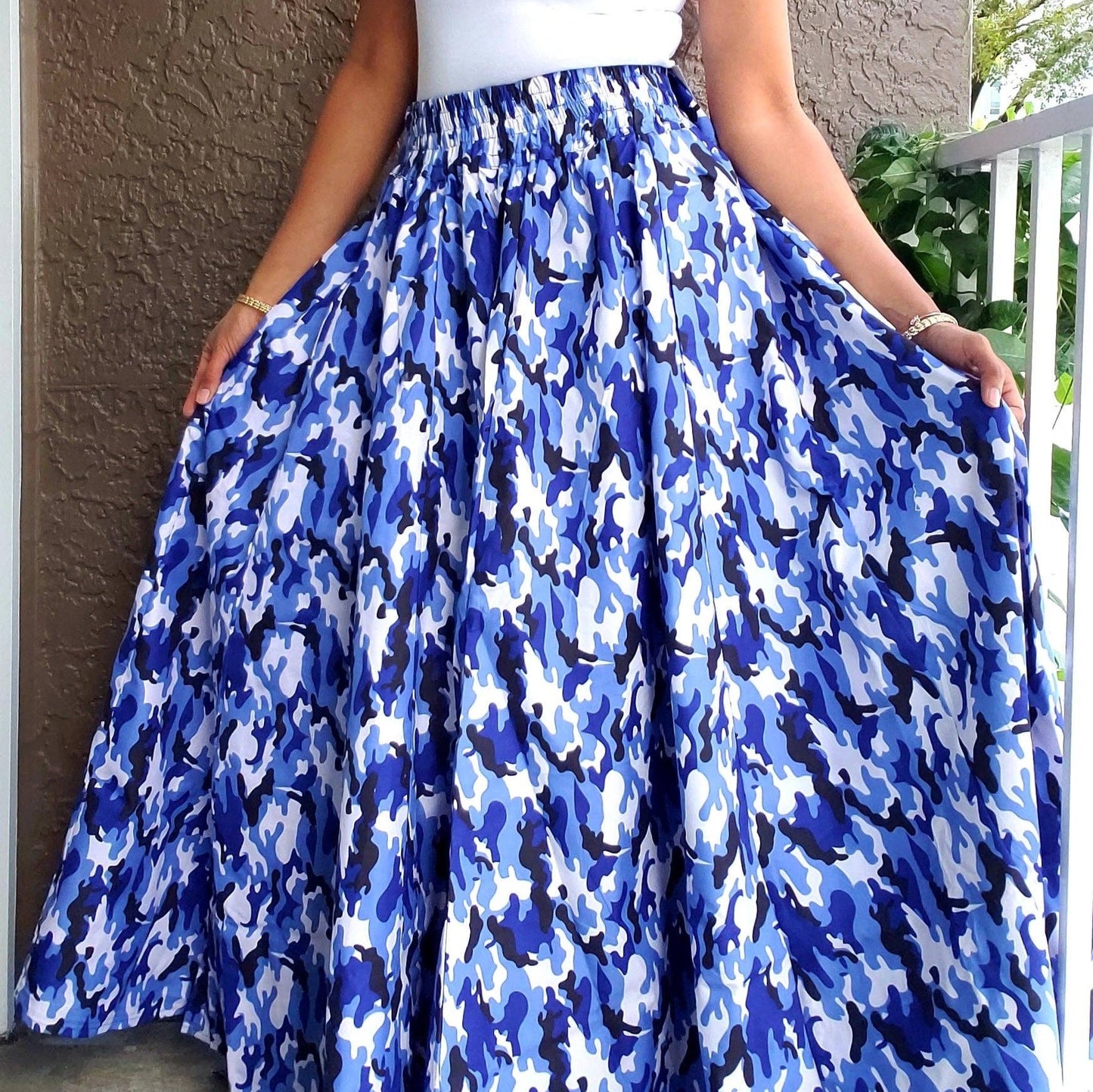 Women Long Maxi Skirt-Blue camouflage