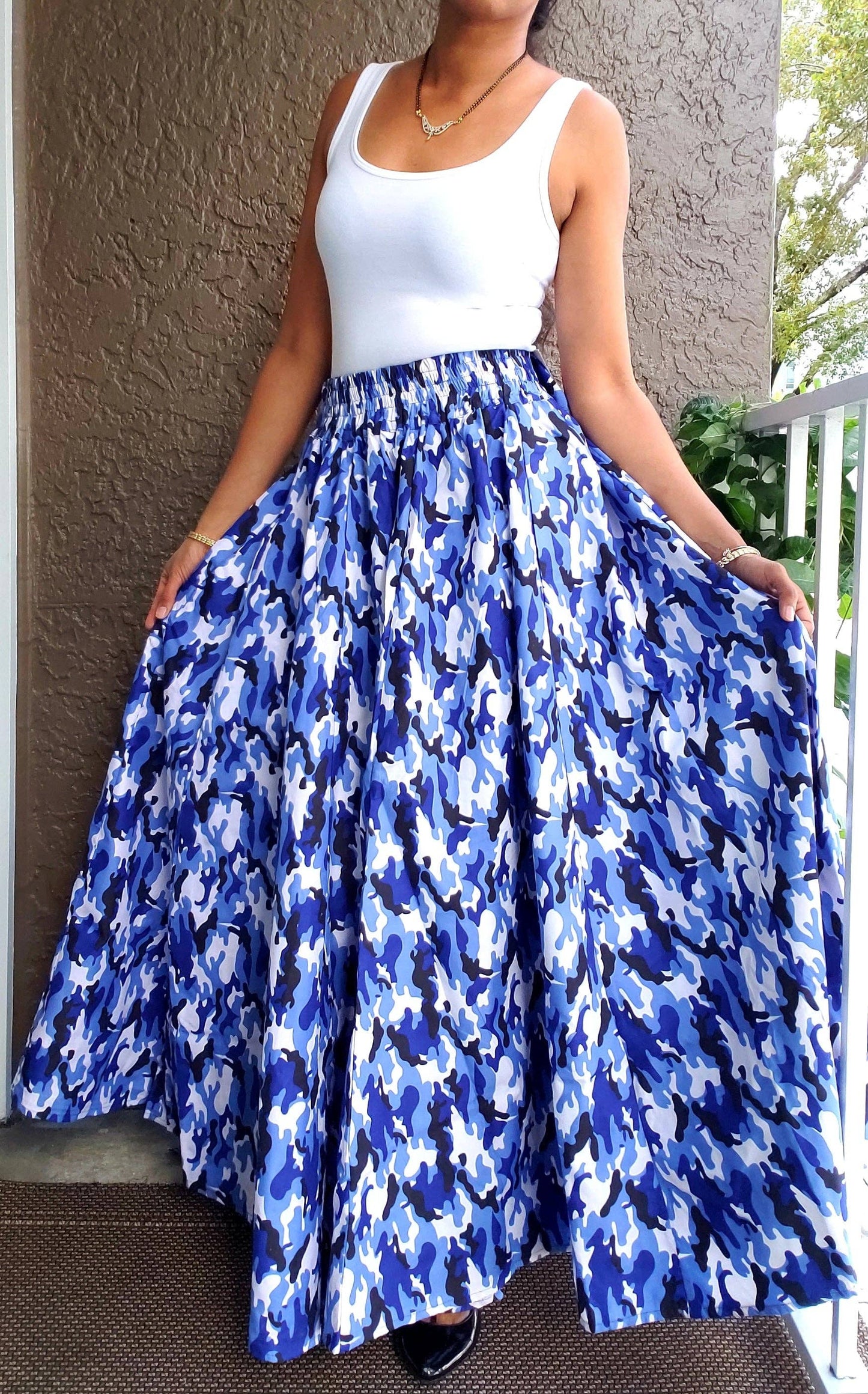 Women Long Maxi Skirt-Blue camouflage