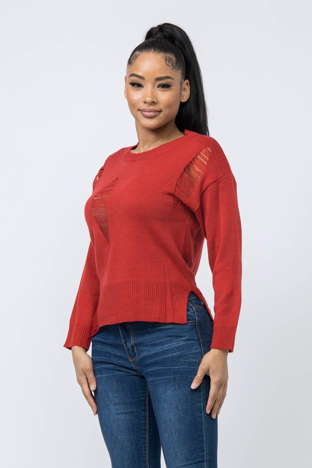 Long Sleeve Crew Neck Distressed Sweater