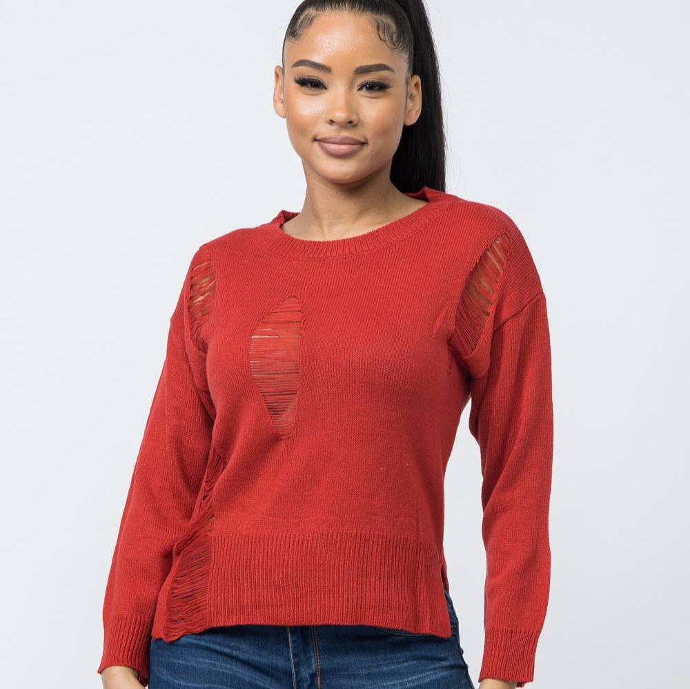 Long Sleeve Crew Neck Distressed Sweater